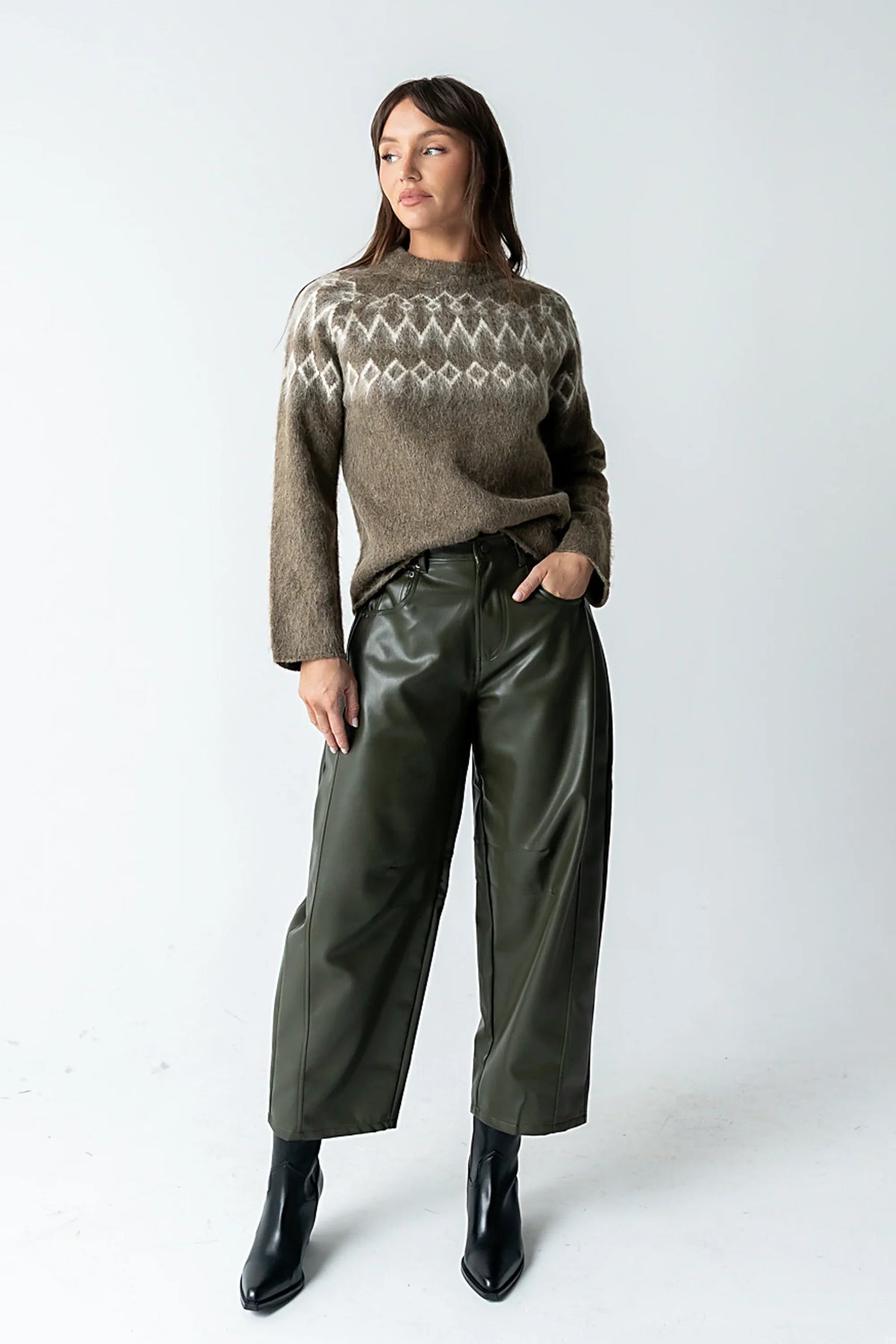 Langston Vegan Leather Barrel Jeans in Olive FINAL SALE