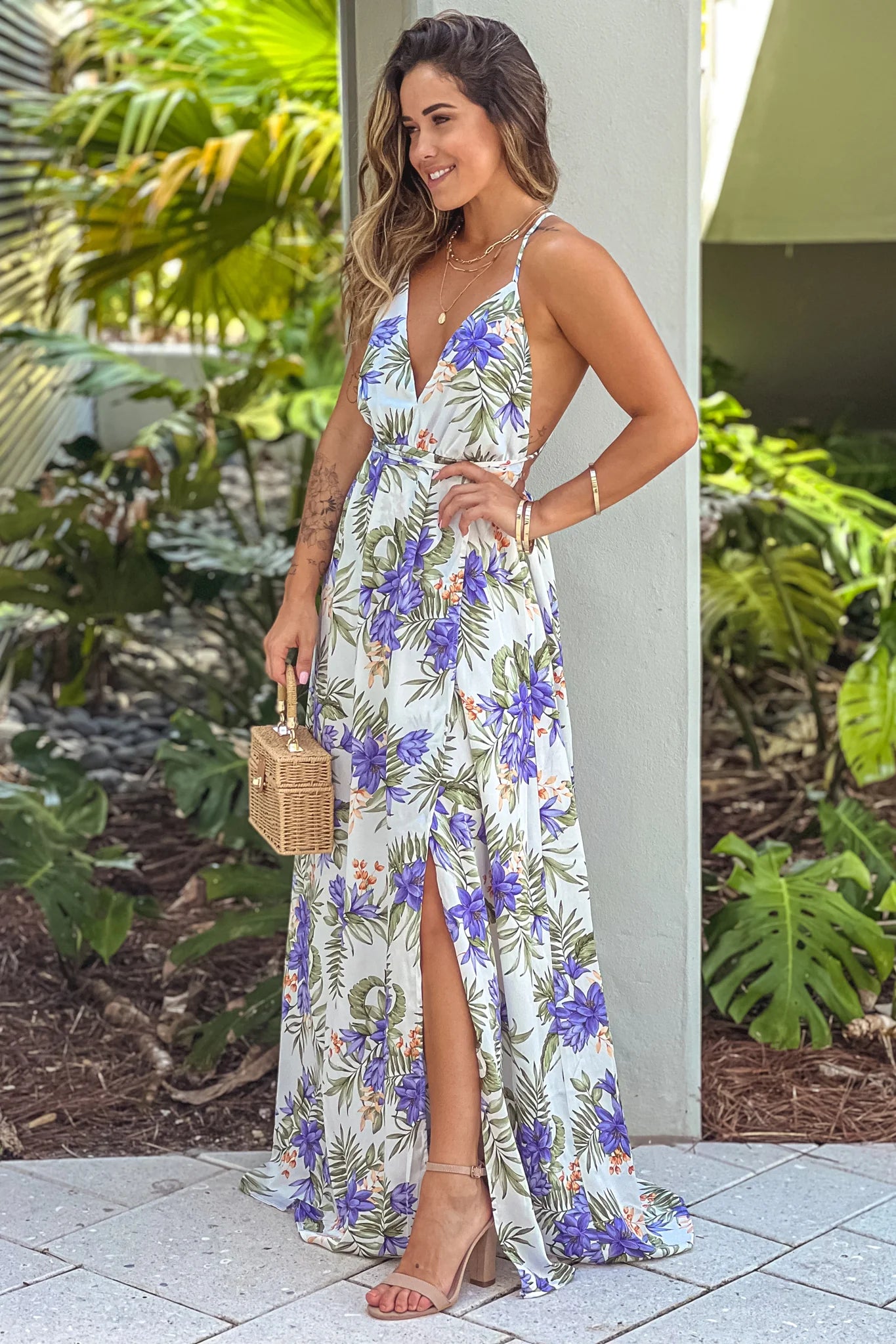 Purple Floral Halter Neck Maxi Dress With Slit