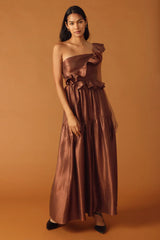 FIND THE ANSWER BROWN SATIN ONE SHOULDER MAXI DRESS