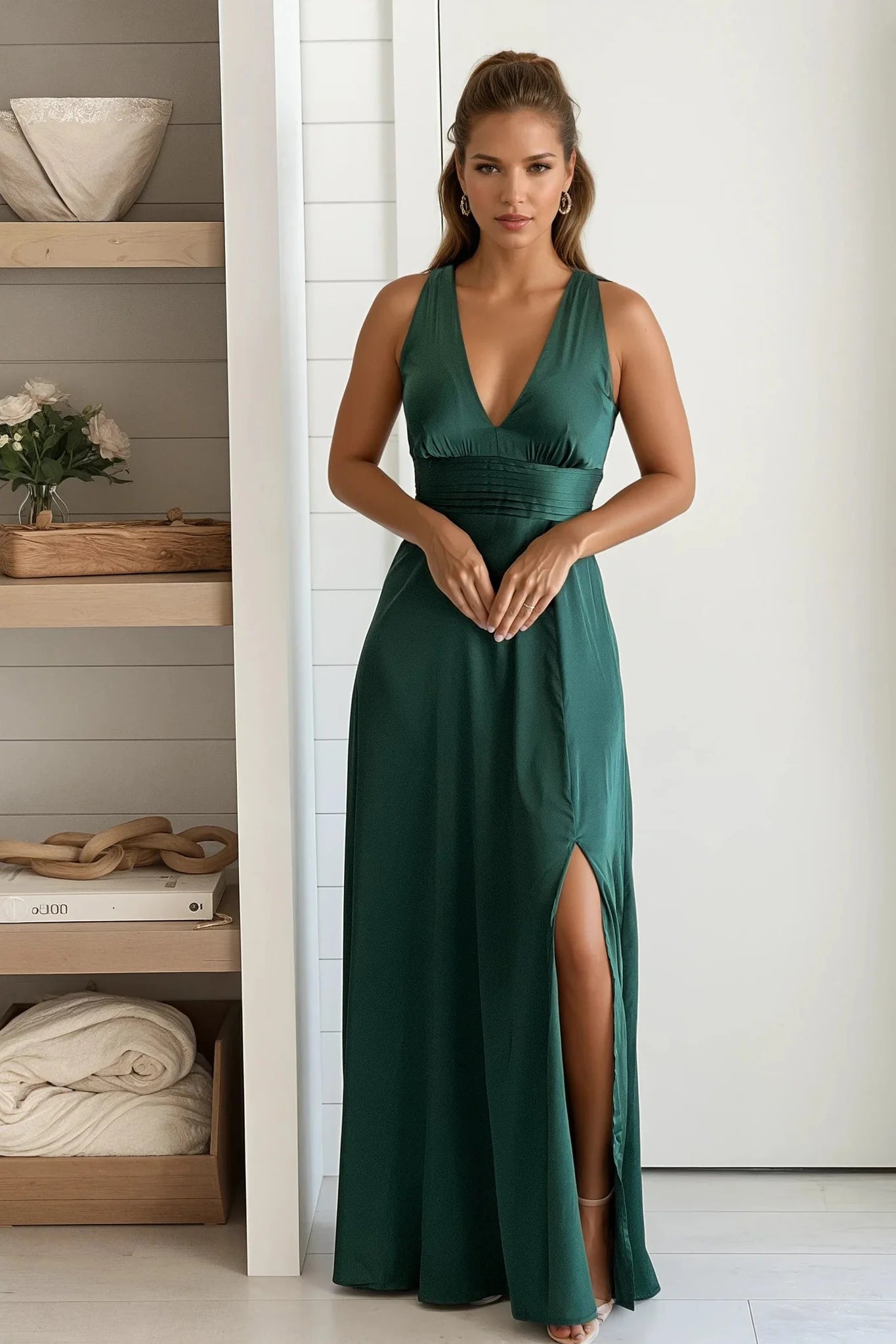 Green V Neck Satin Maxi Dress