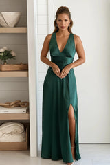 Green V Neck Satin Maxi Dress