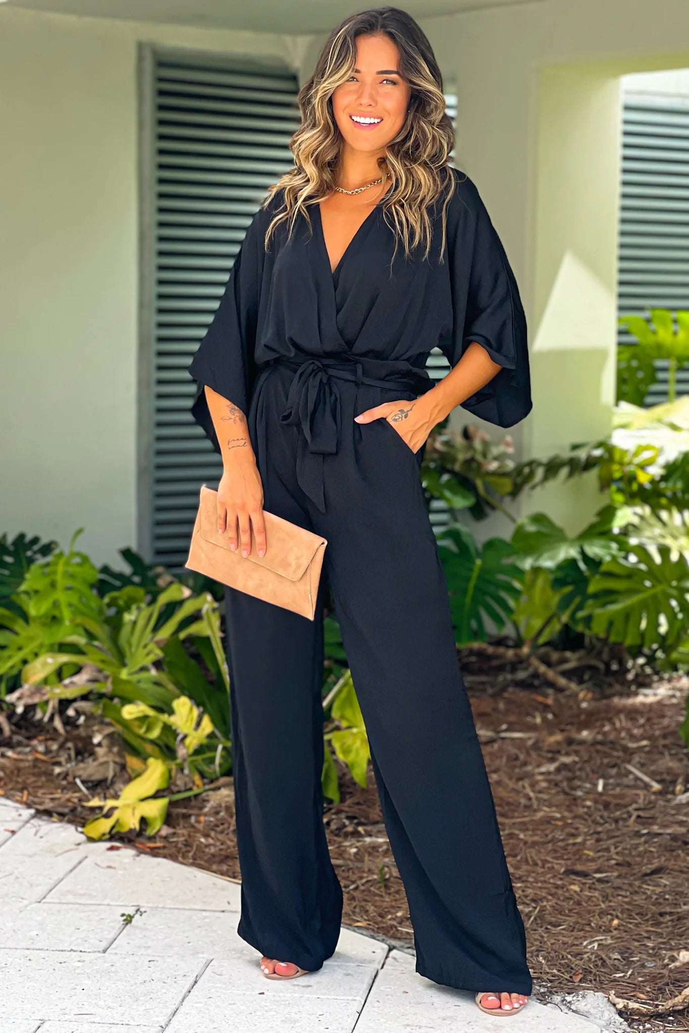 Black Satin V Neck Jumpsuit With Pockets