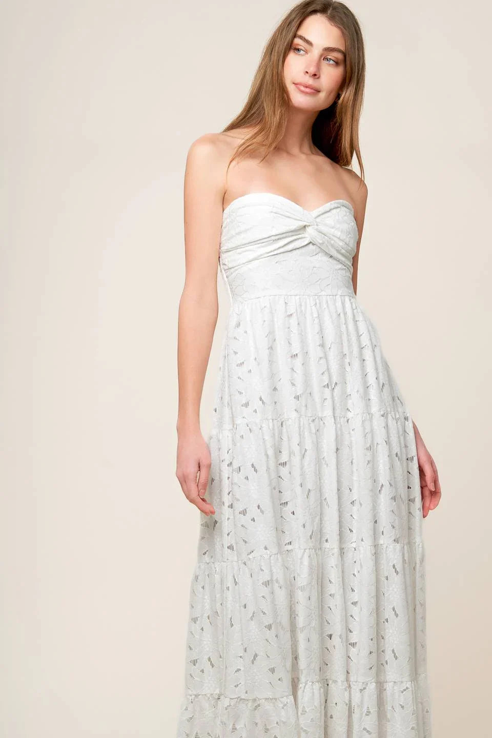 WISHING WELL STRAPLESS WHITE LACE MAXI DRESS