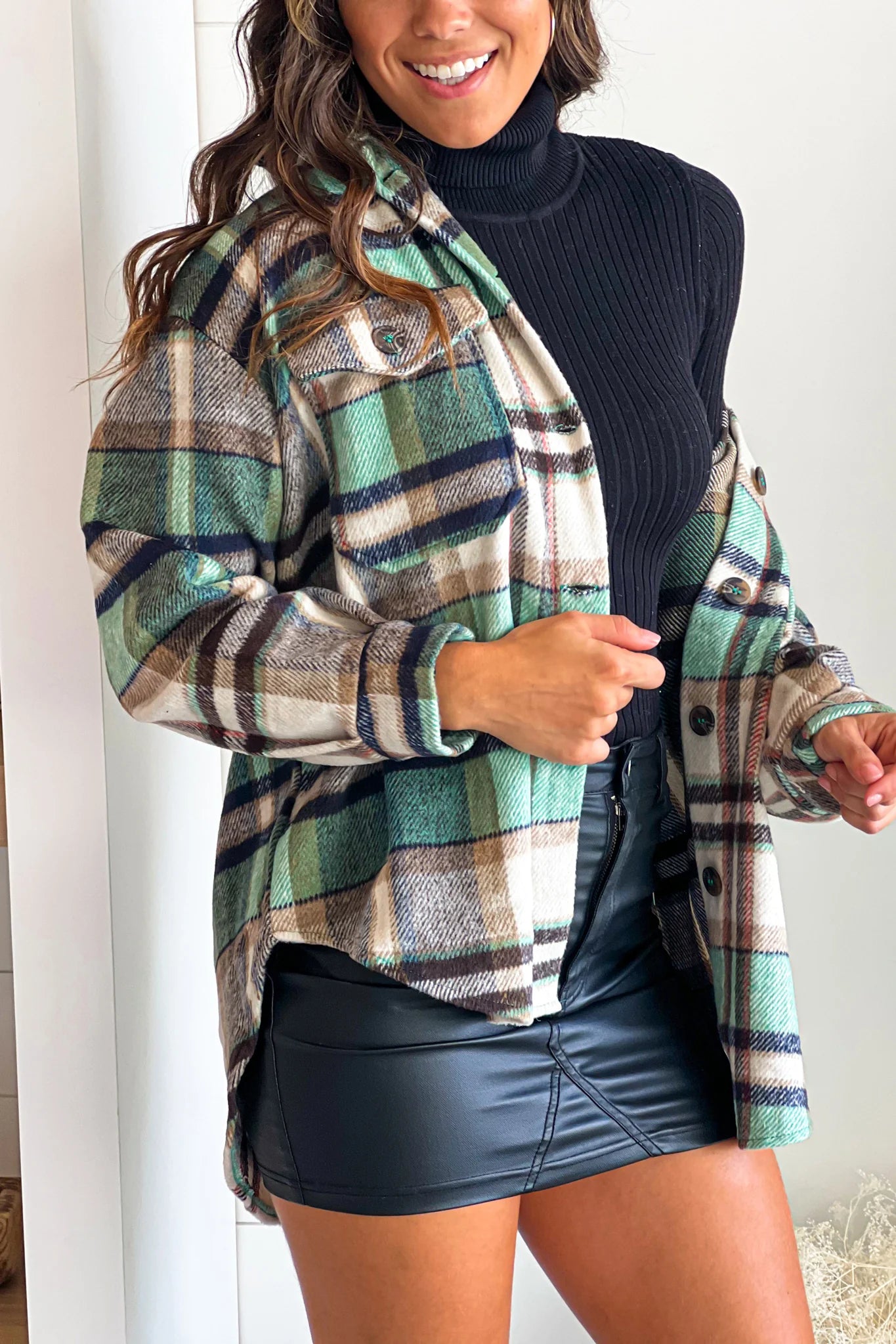 Mint Oversized Flannel Plaid Jacket