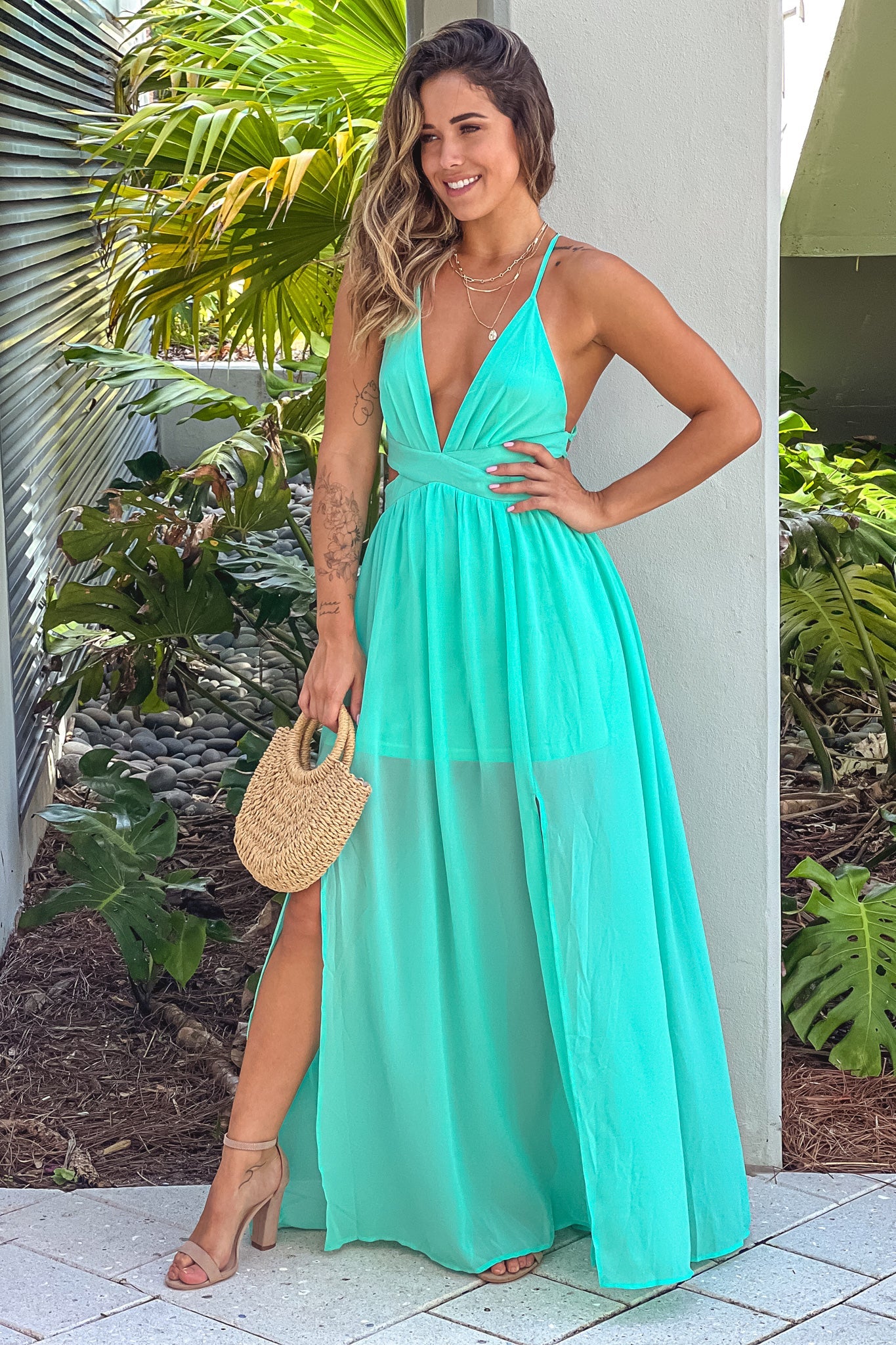 Mint Cut Out Maxi Dress with Slit