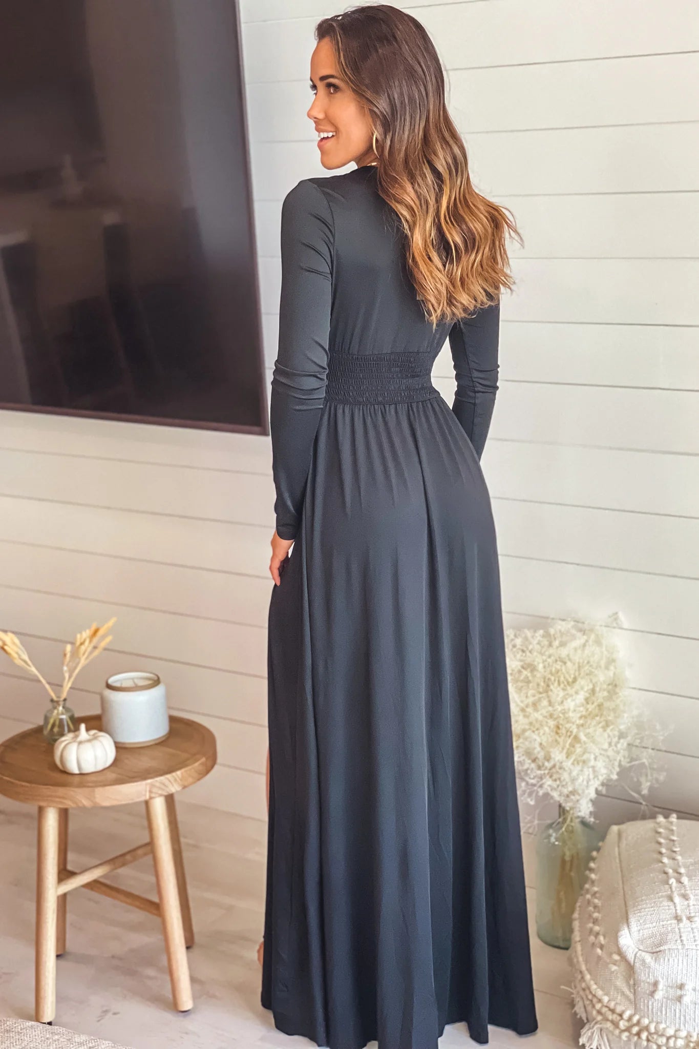 Black V Neck Maxi Dress With Long Sleeve And Slit
