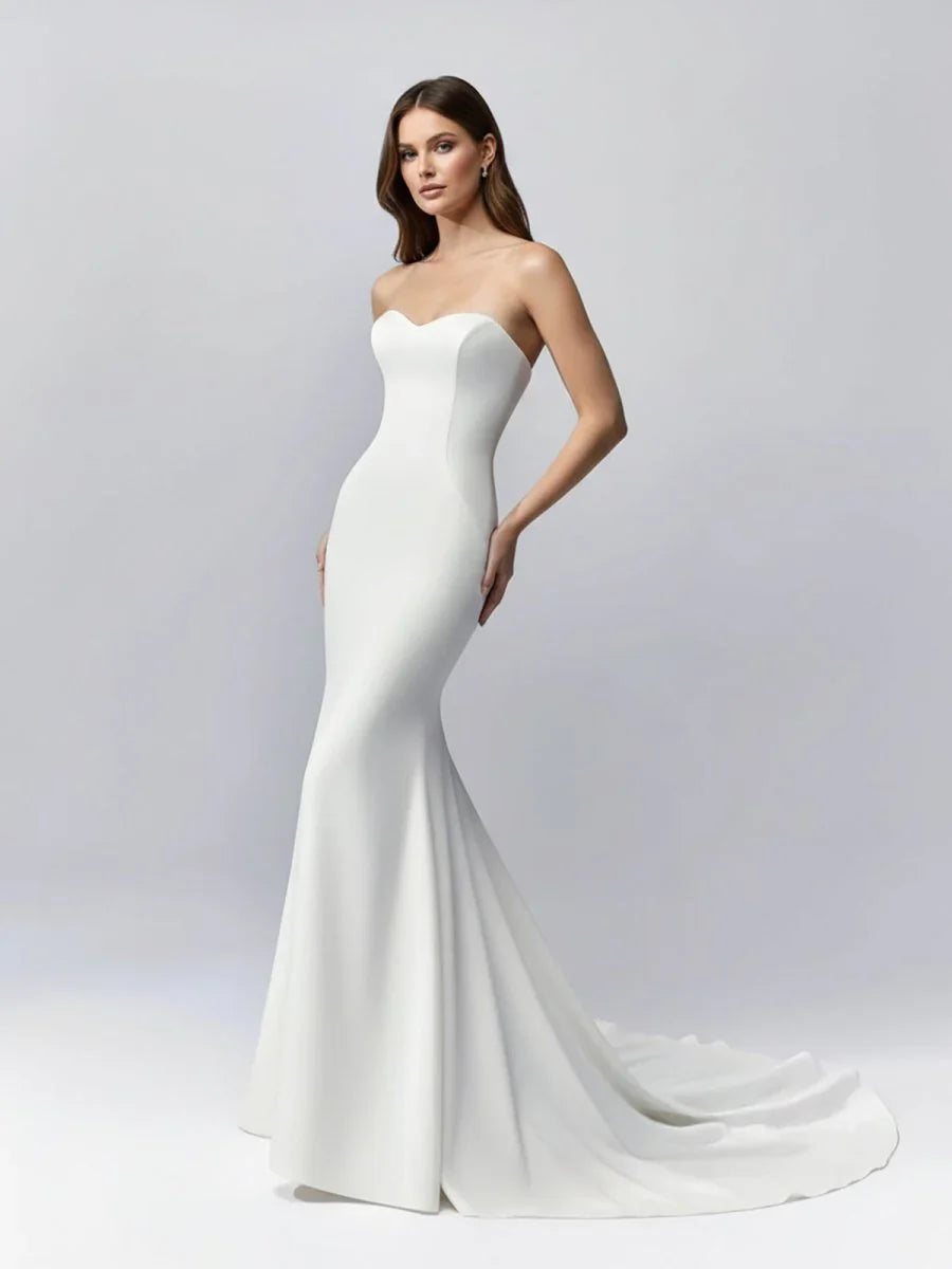 White Simple Sweep Train Boho Long Mermaid Wedding Dress