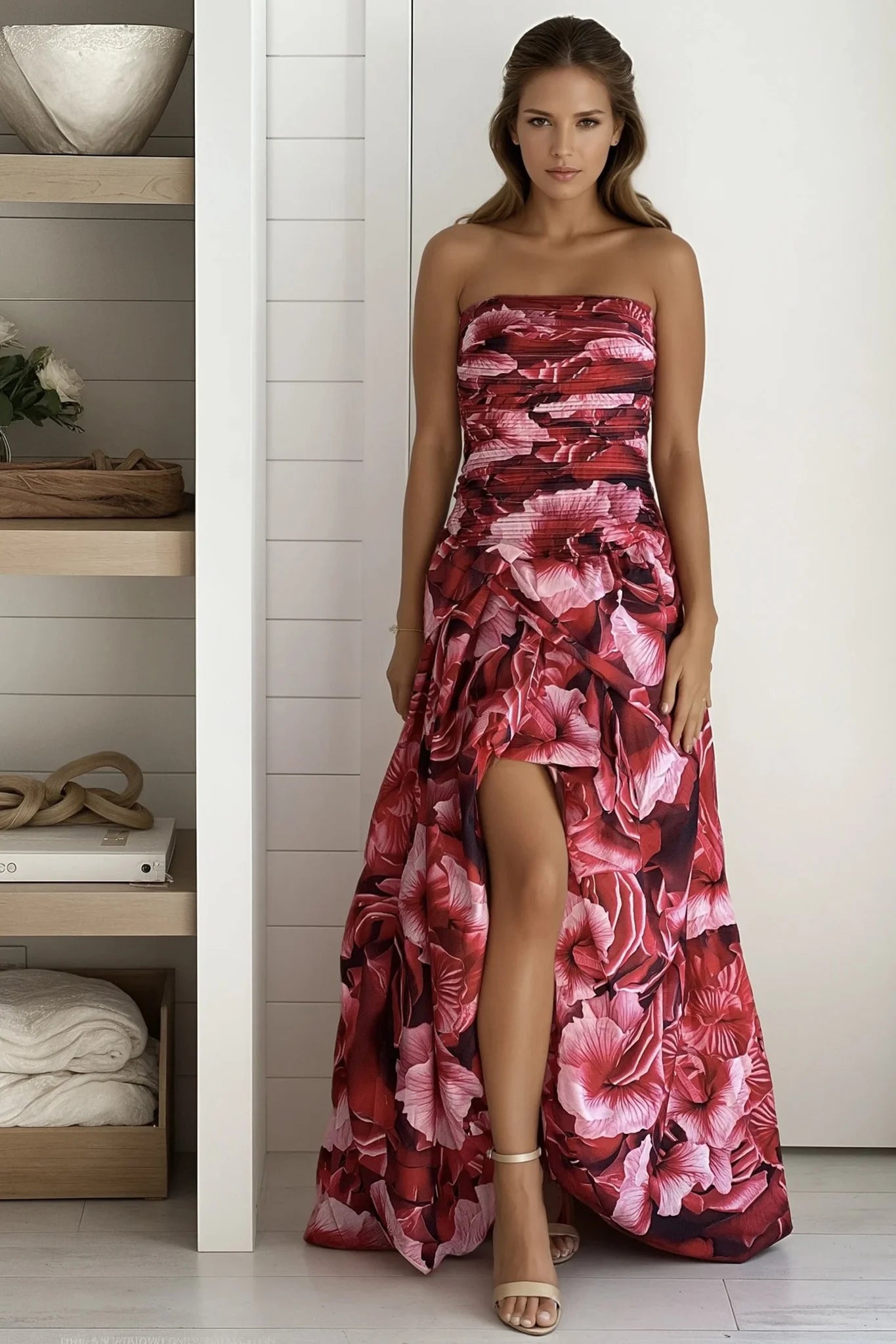 Red Floral Balloon Maxi Dress