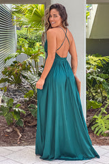 Hunter Green Satin Maxi Dress With Criss Cross Back
