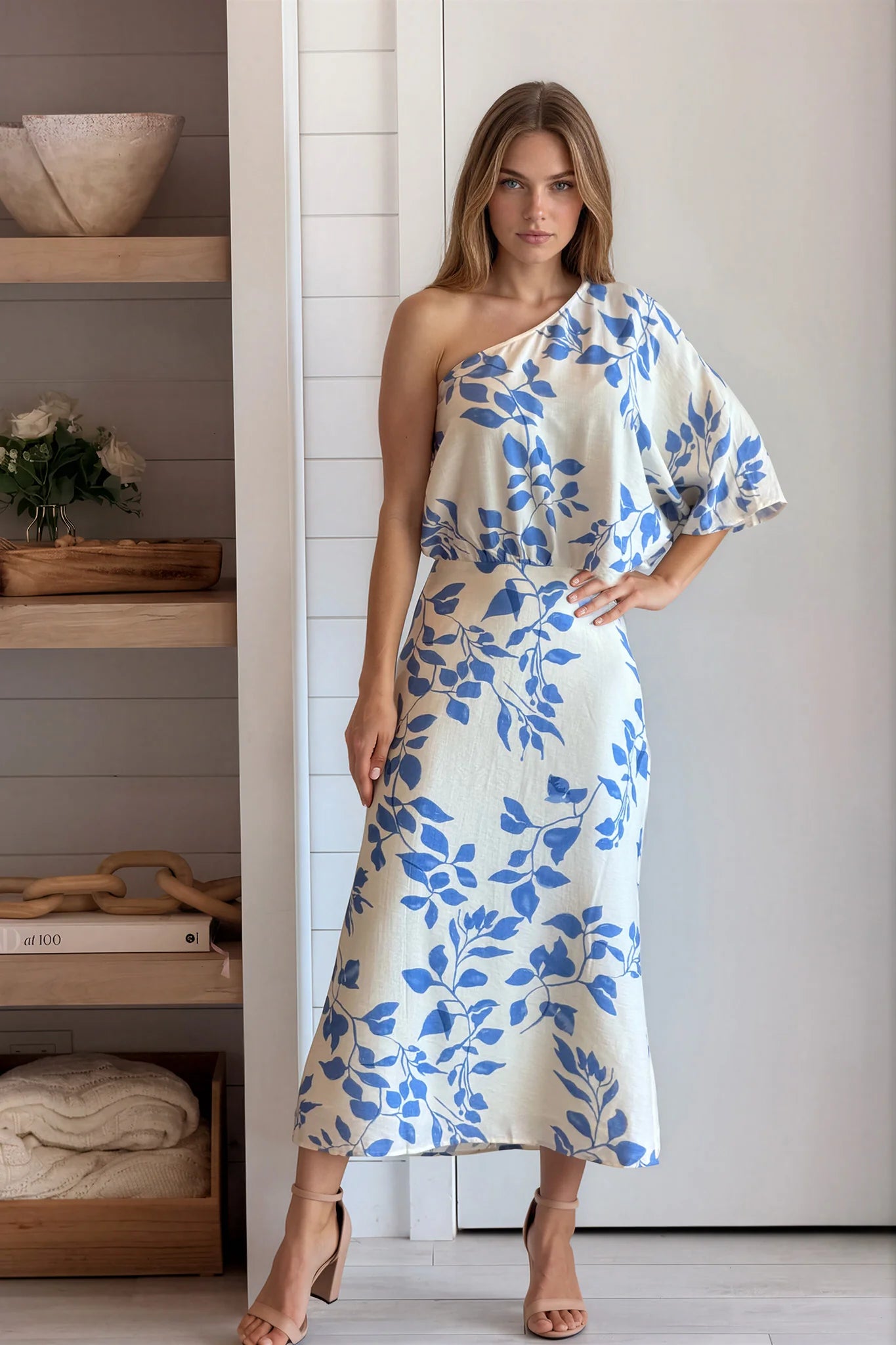 Blue Printed One Shoulder Midi Dress