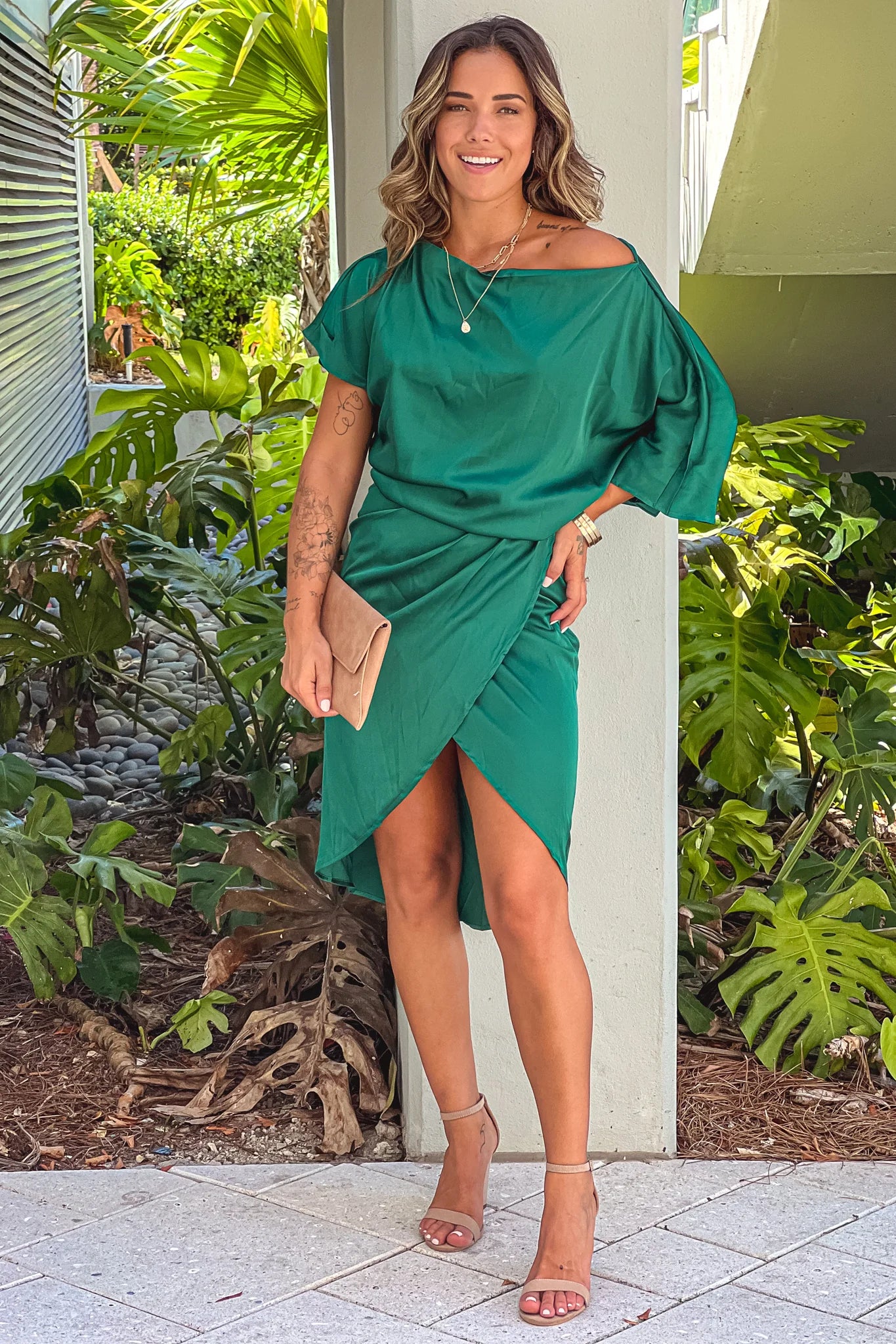 Hunter Green Satin One Shoulder Midi Dress