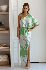 Green And Cream Printed One Shoulder Dress