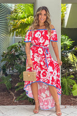 Ivory And Red Printed High Low Dress