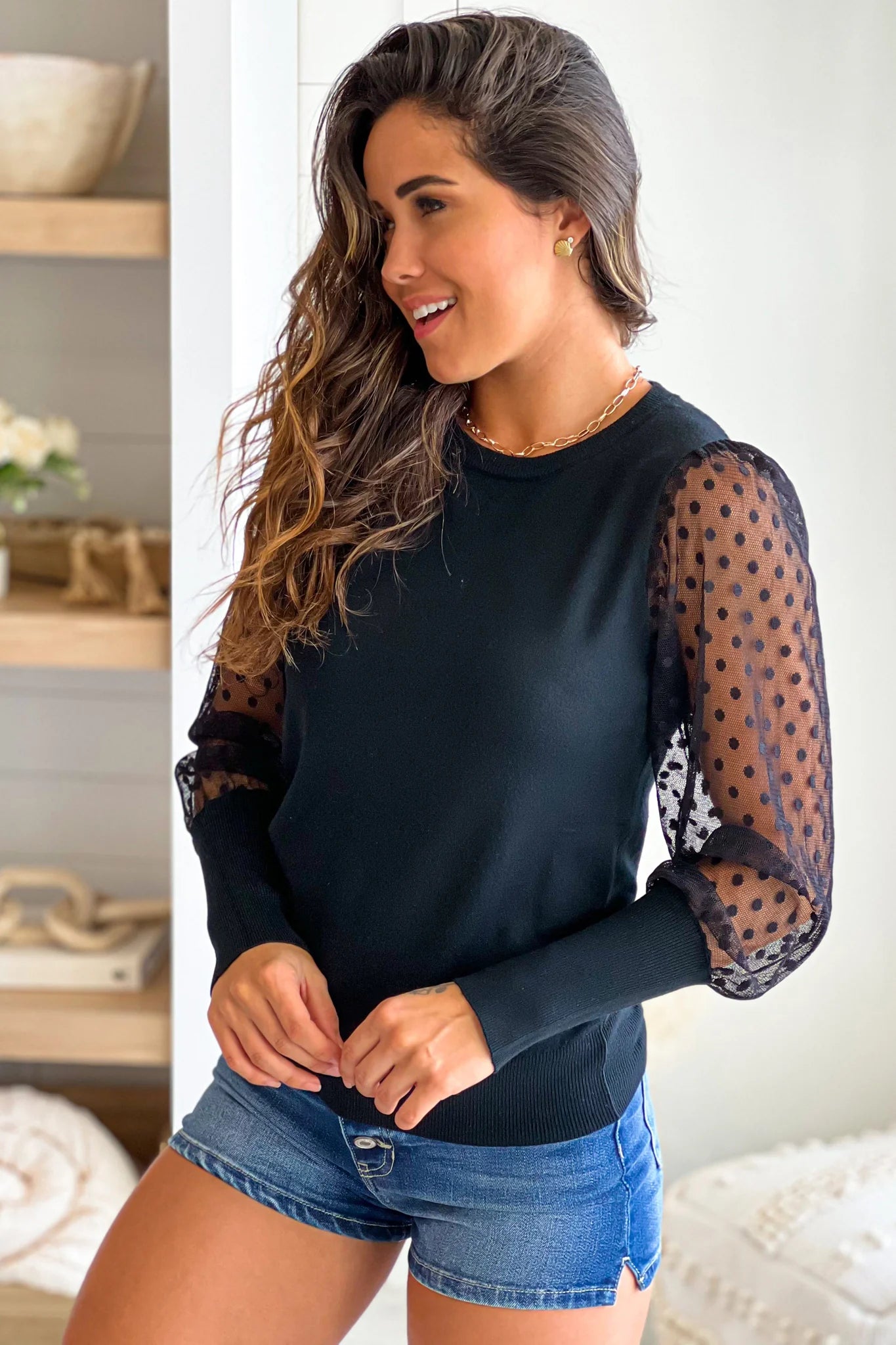 Black Mesh Long Sleeve Sweater