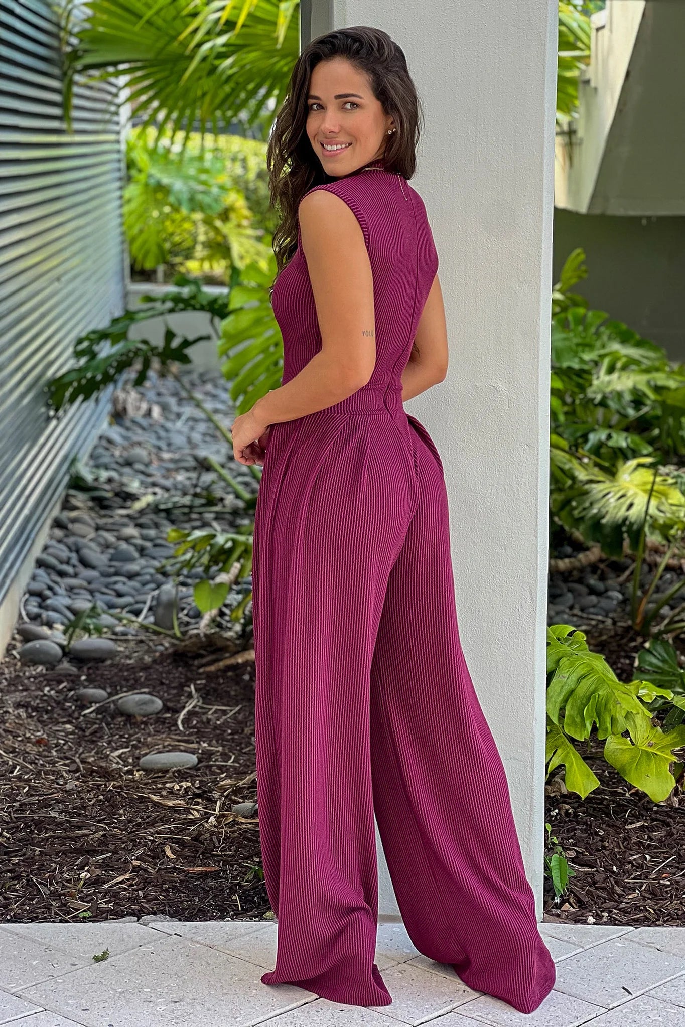 Wine Ribbed Jumpsuit