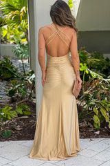 Champagne Ruched Maxi Dress With Slit