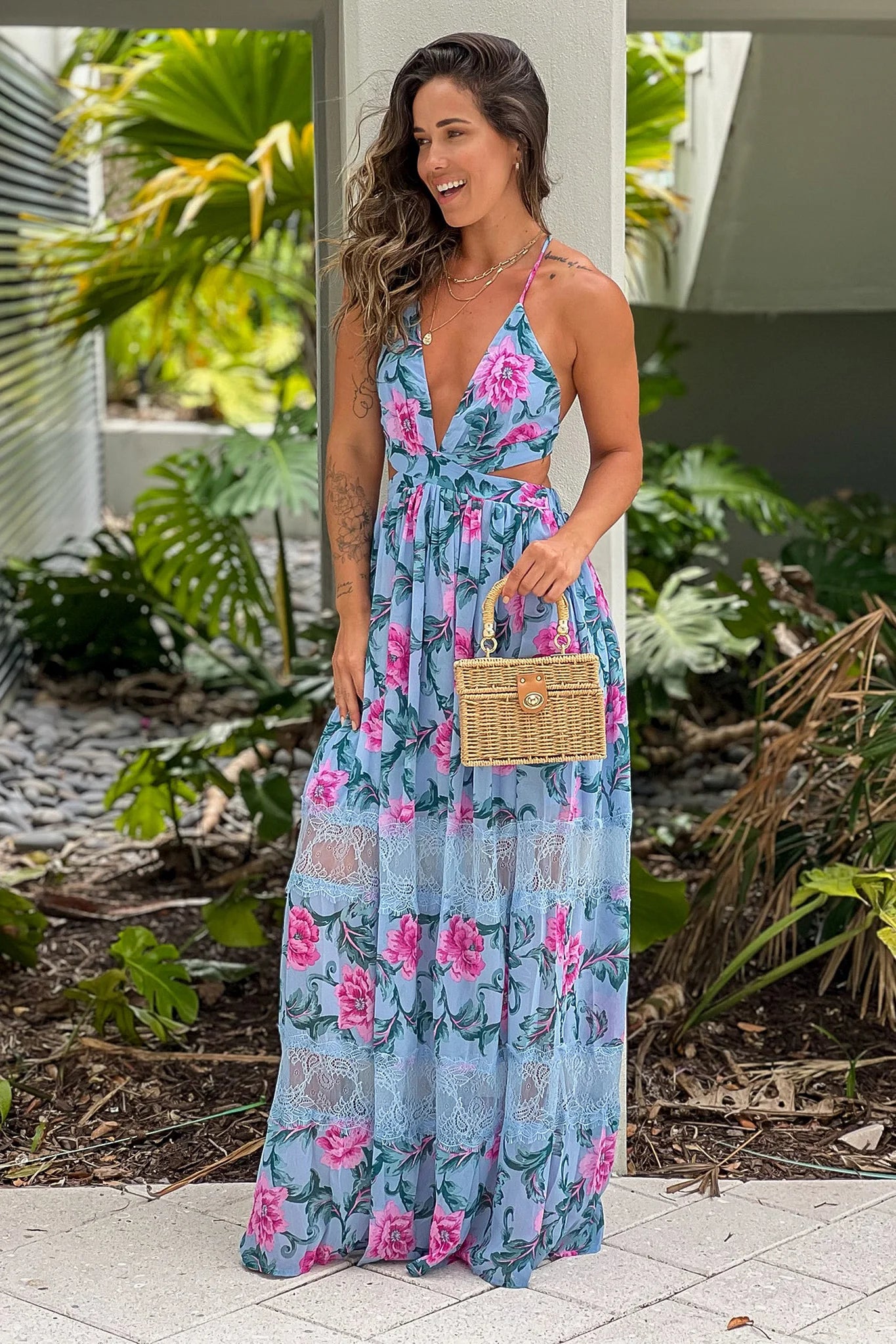 Blue Floral Maxi Dress With Cut Out And Lace Detail