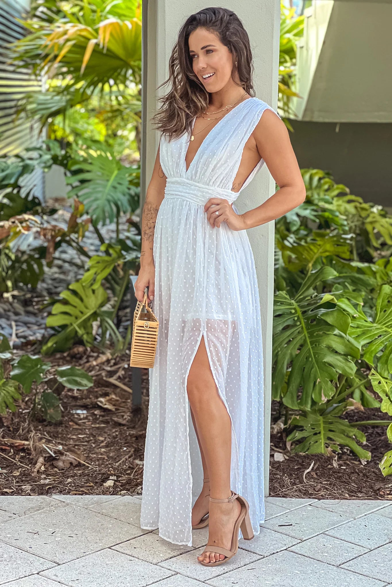 Off White Swiss Dot Deep V Neck Maxi Dress