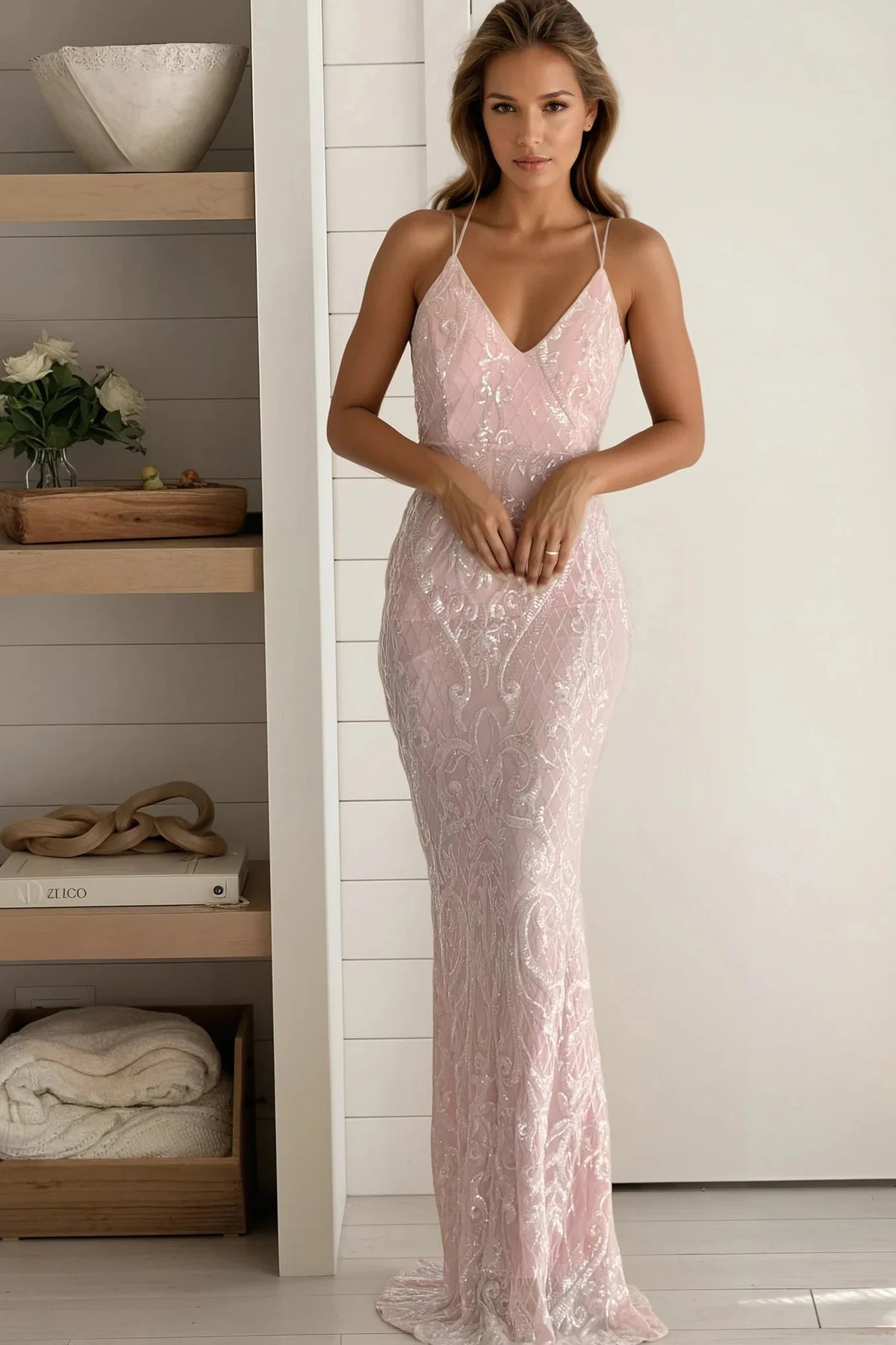 Light Pink Sequin Mermaid Maxi Dress