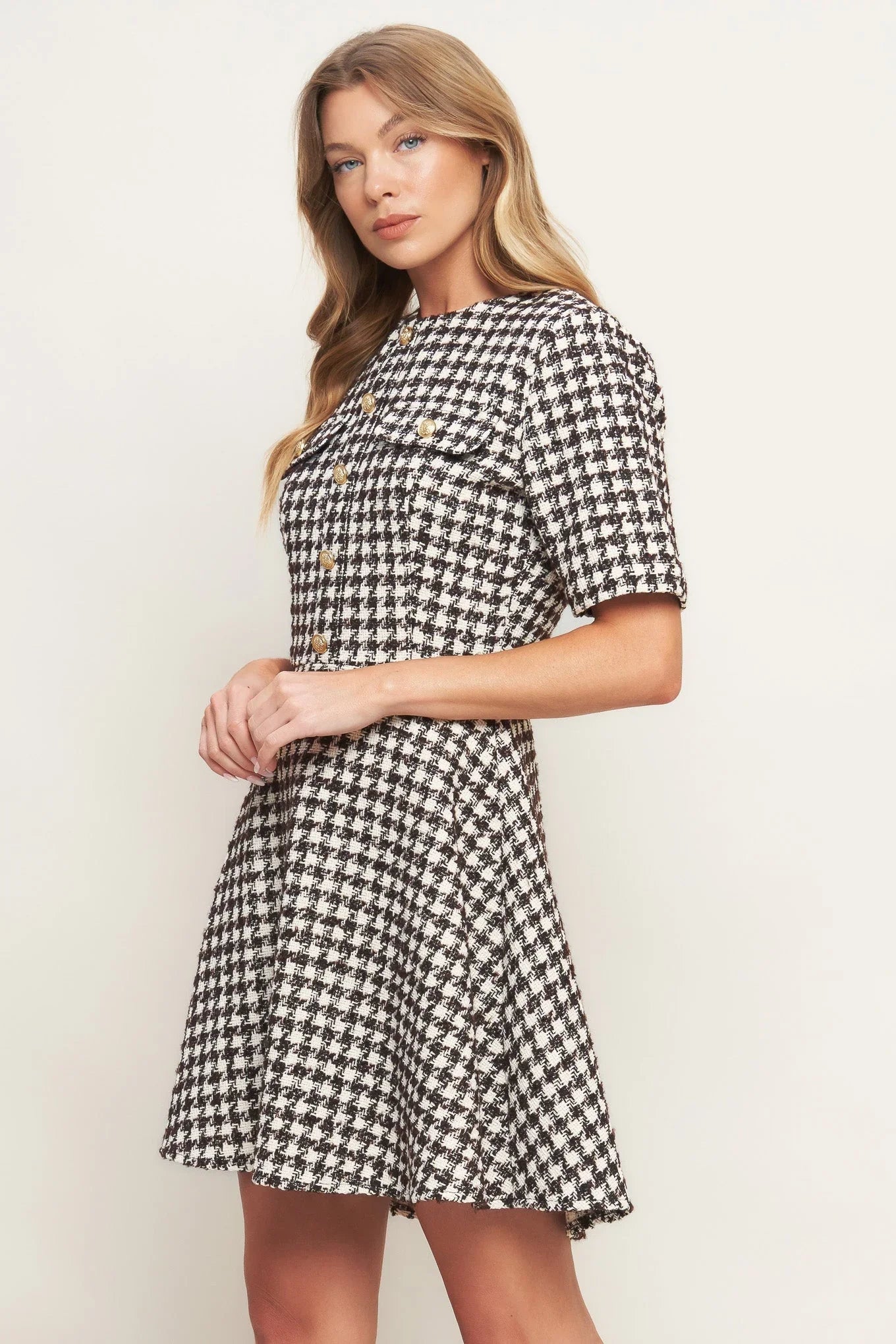 ELEGANT CHECK BROWN TWEED MINI DRESS FINAL SALE