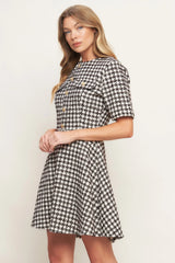 ELEGANT CHECK BROWN TWEED MINI DRESS