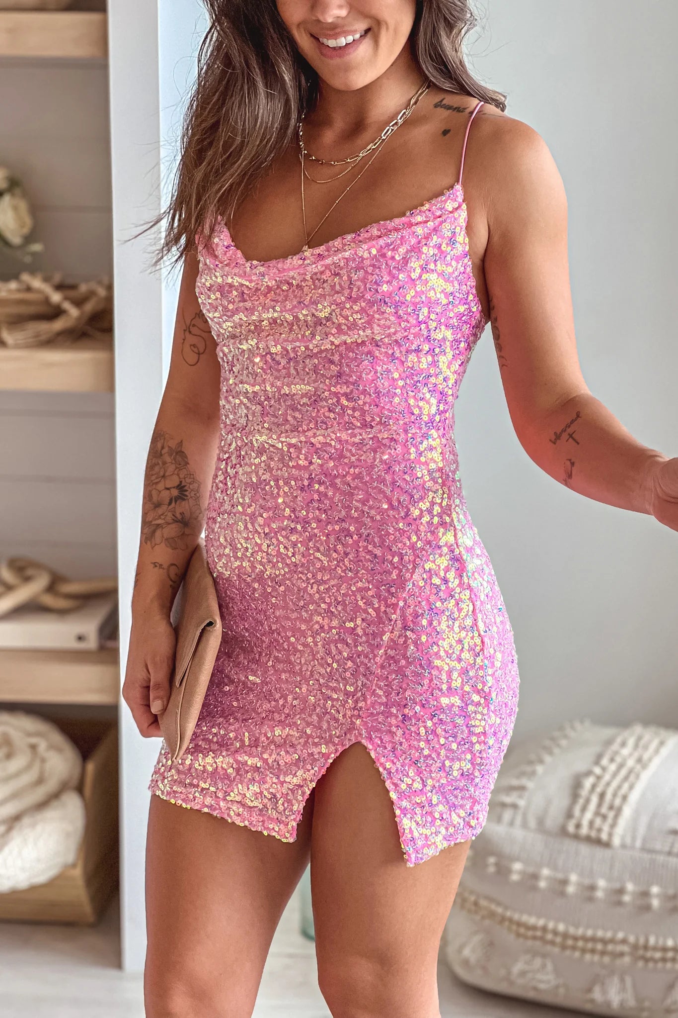 Pink Sequin Cowl Neck Short Dress
