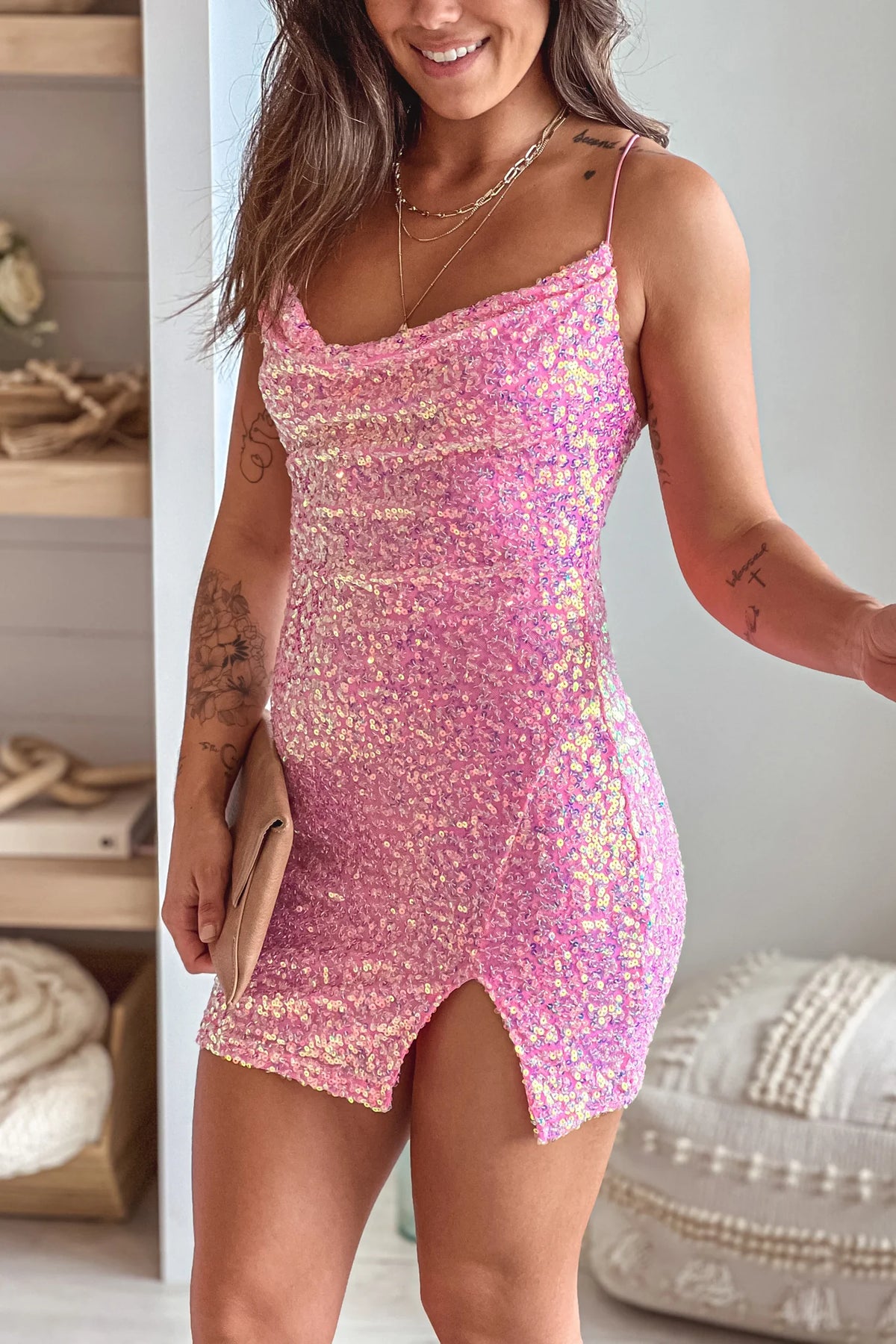 Pink Sequin Cowl Neck Short Dress