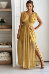 Mustard Swiss Dot V Neck Maxi Dress