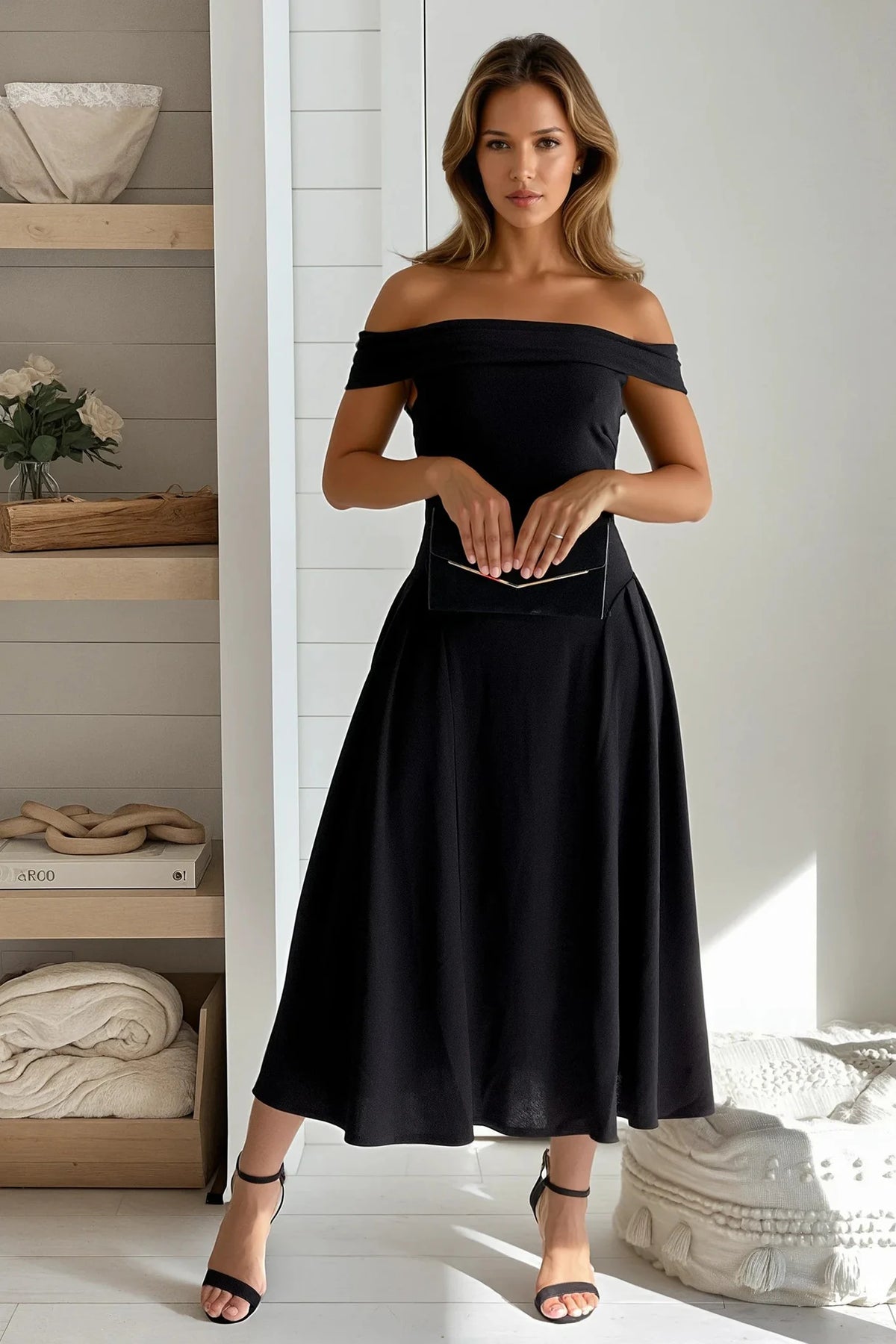 Black Off Shoulder Pleated Flare Midi Dress
