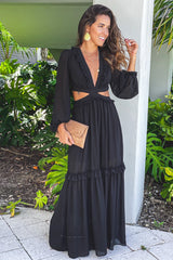 Black Maxi Dress With Cut Out And Long Sleeves