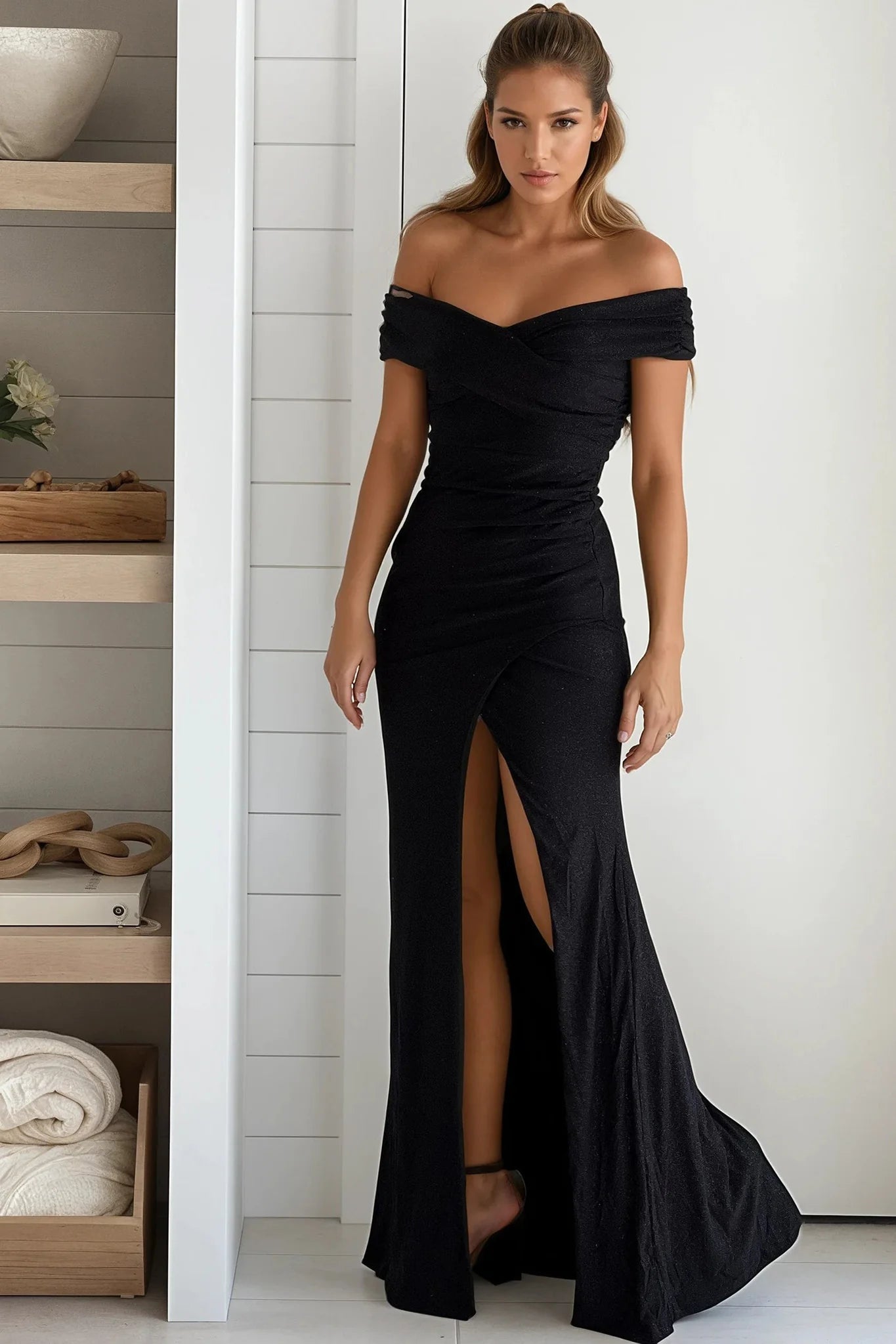 Black Off The Shoulder Glitter Maxi Dress