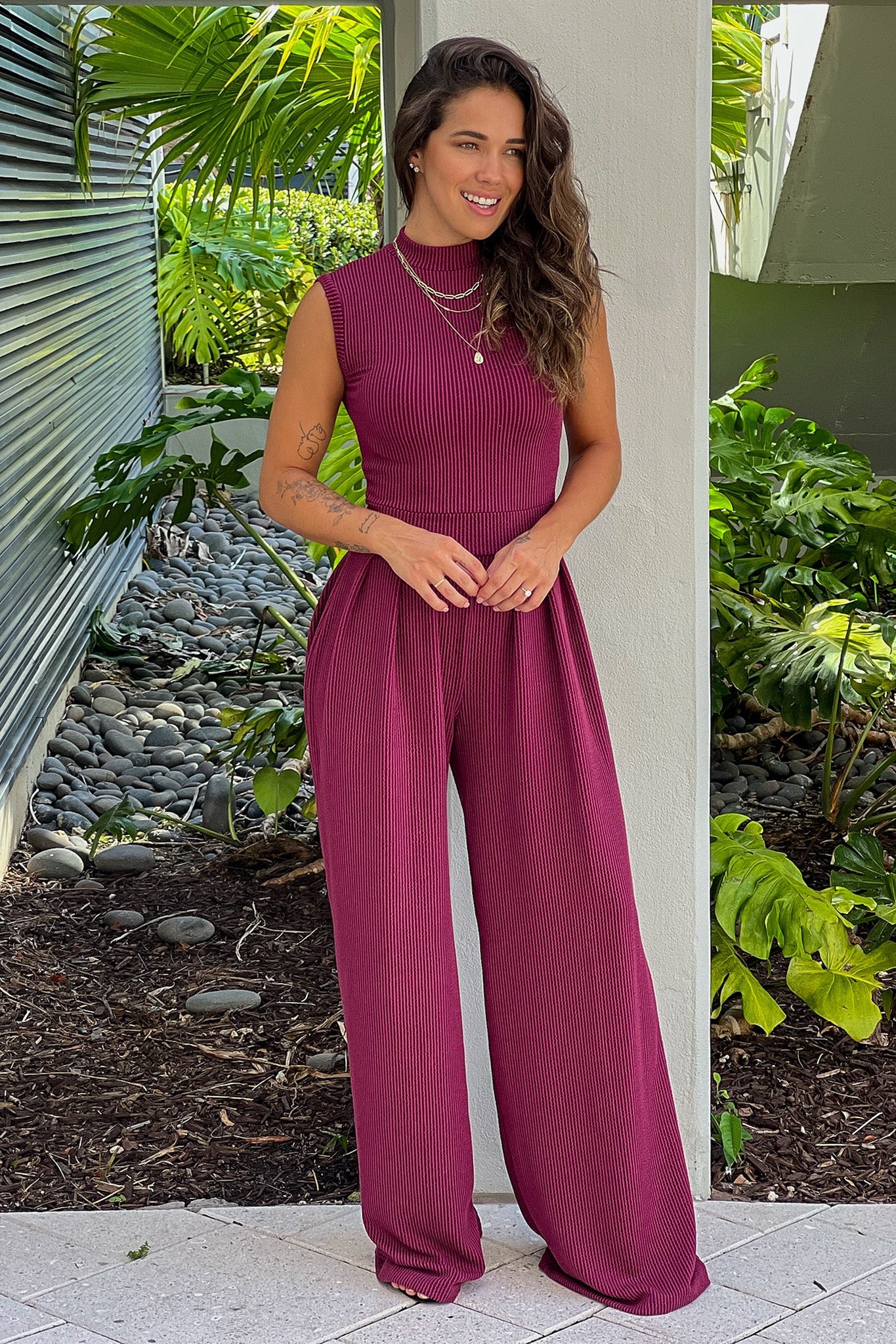 Wine Ribbed Jumpsuit