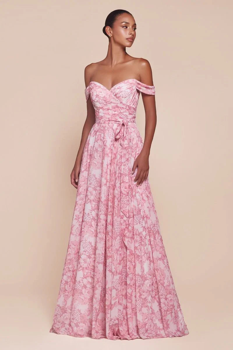 TILDA GOWN ROSE OFF THE SHOULDER FLORAL PRINTED A LINE DRESS
