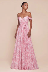 TILDA GOWN ROSE OFF THE SHOULDER FLORAL PRINTED A LINE DRESS