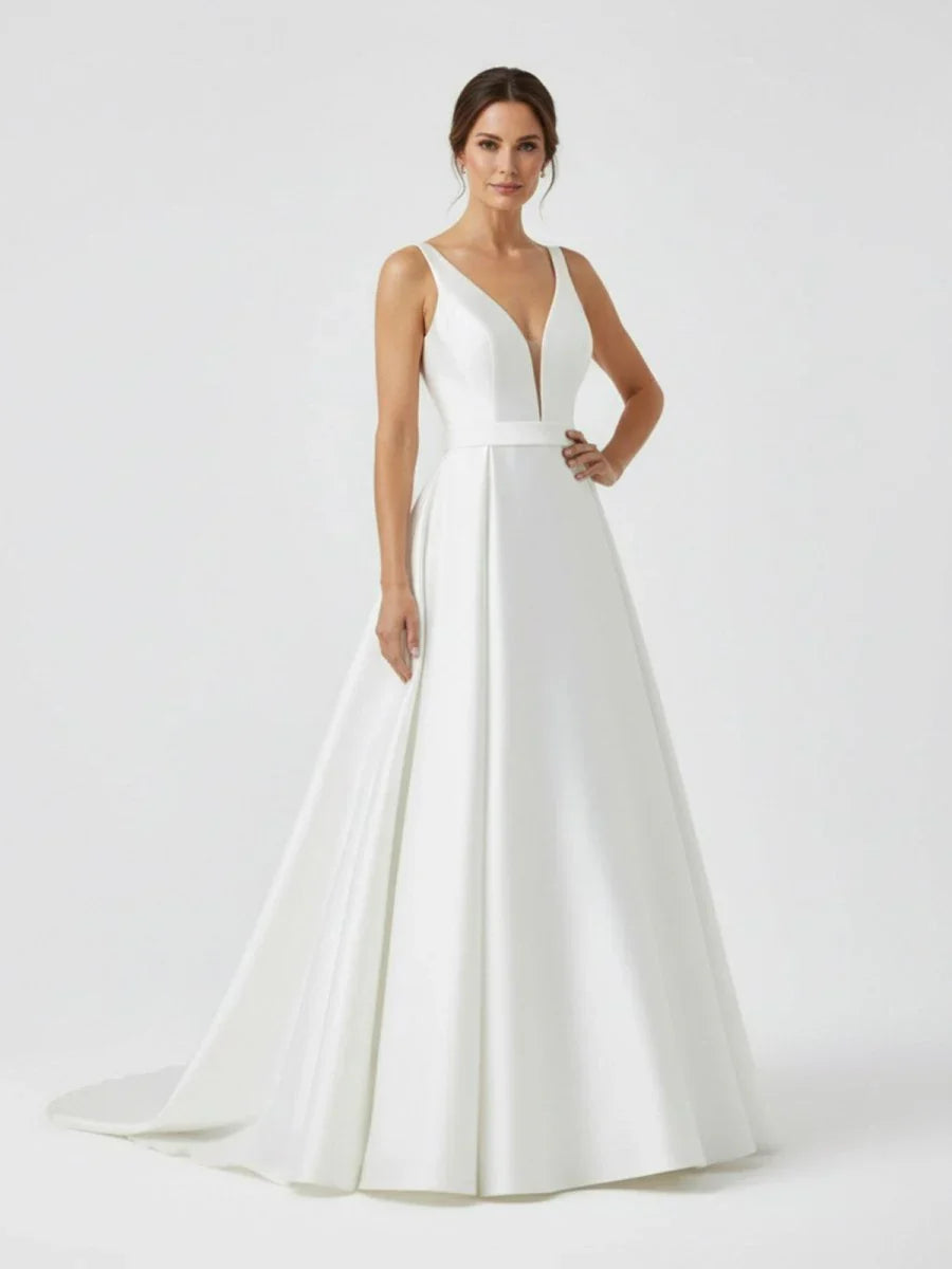 Ivory A Line Deep V Neck Long Wedding Dress with Bowknot