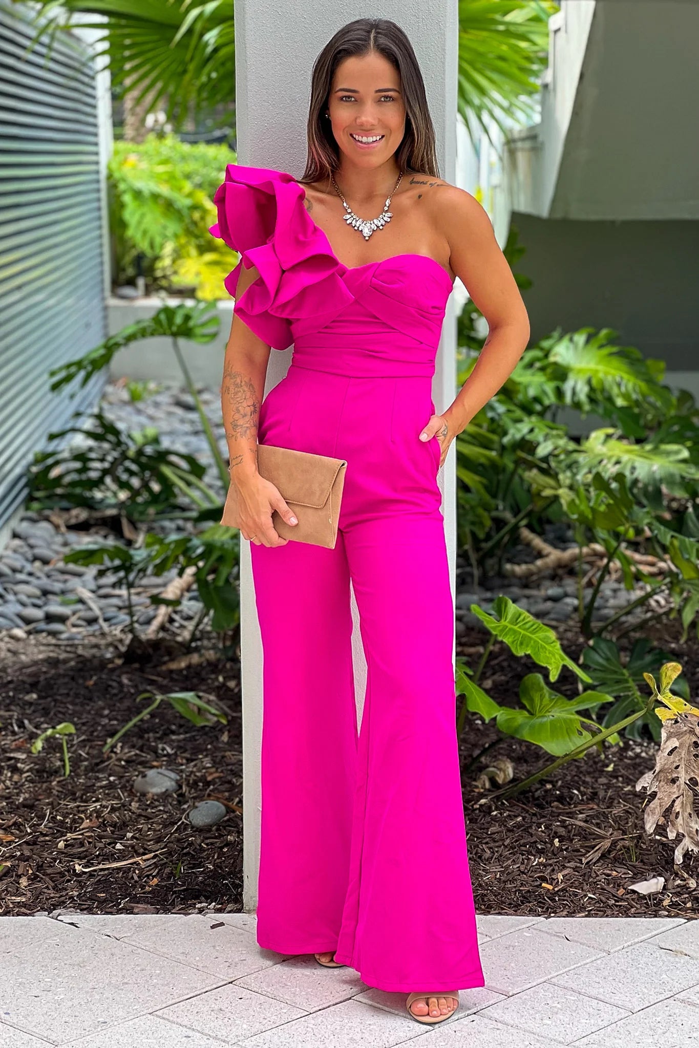Fuchsia One Shoulder Ruffle Jumpsuit