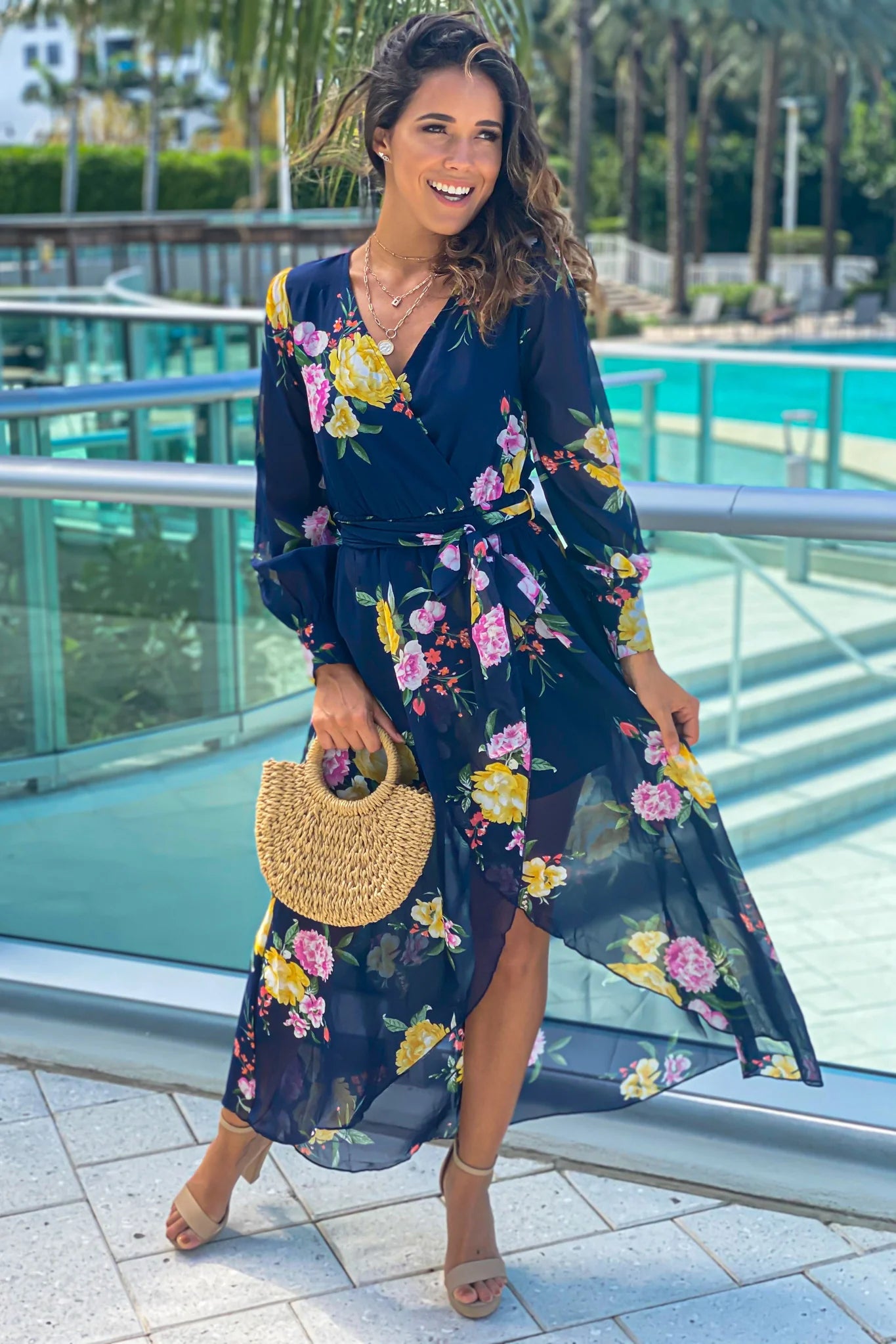 Navy Floral High Low Dress With Long Sleeves