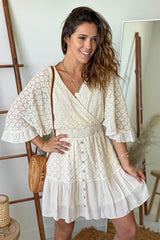 Natural Lace Short Dress With Sleeves