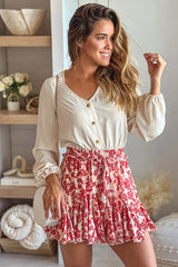 Cream And Cranberry Printed Romper With Long Sleeves