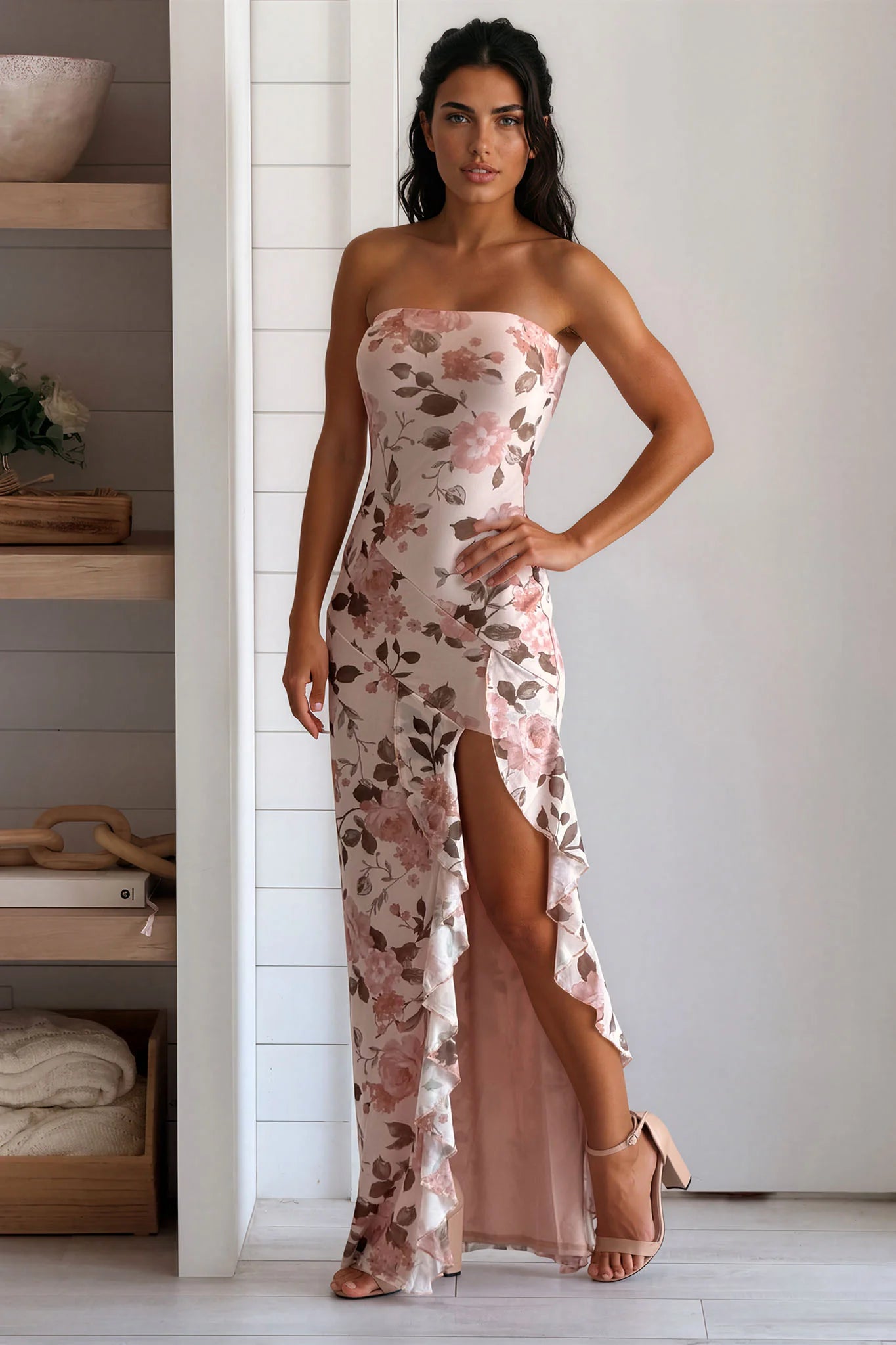 Taupe Floral Ruffle Slit Maxi Dress
