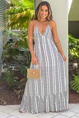 Off White Printed Maxi Dress With Open Back