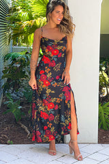 Black Floral Satin Dress With Slit
