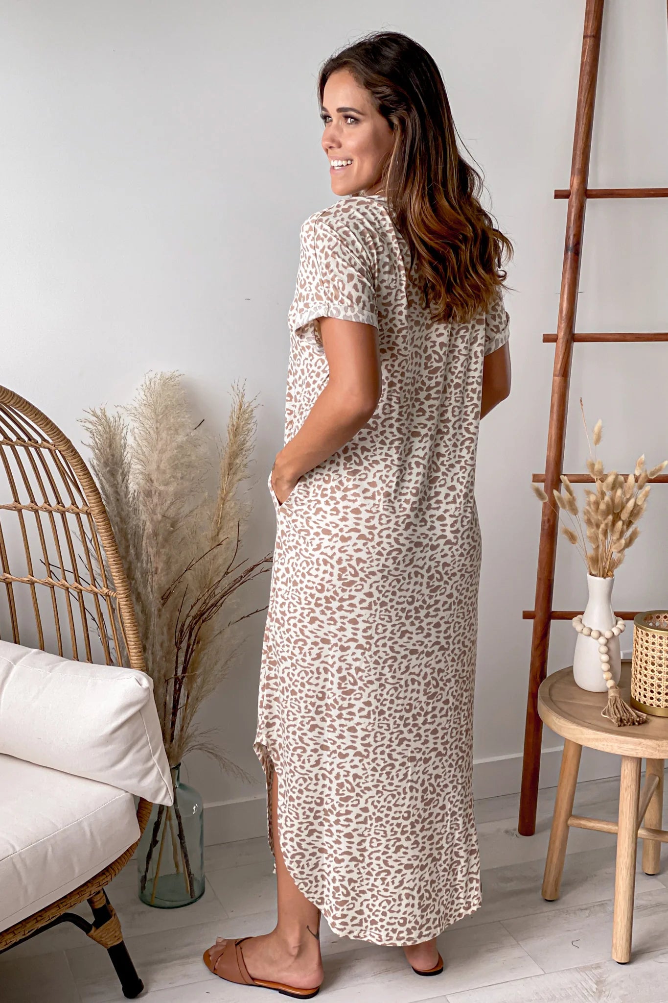 Ivory Leopard Maxi Dress With Pockets