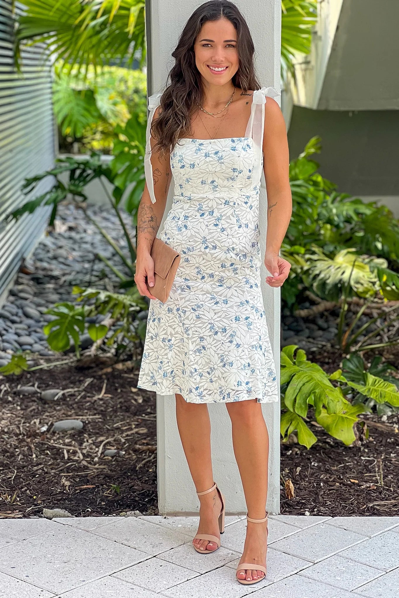 Ivory And Blue Floral Midi Dress