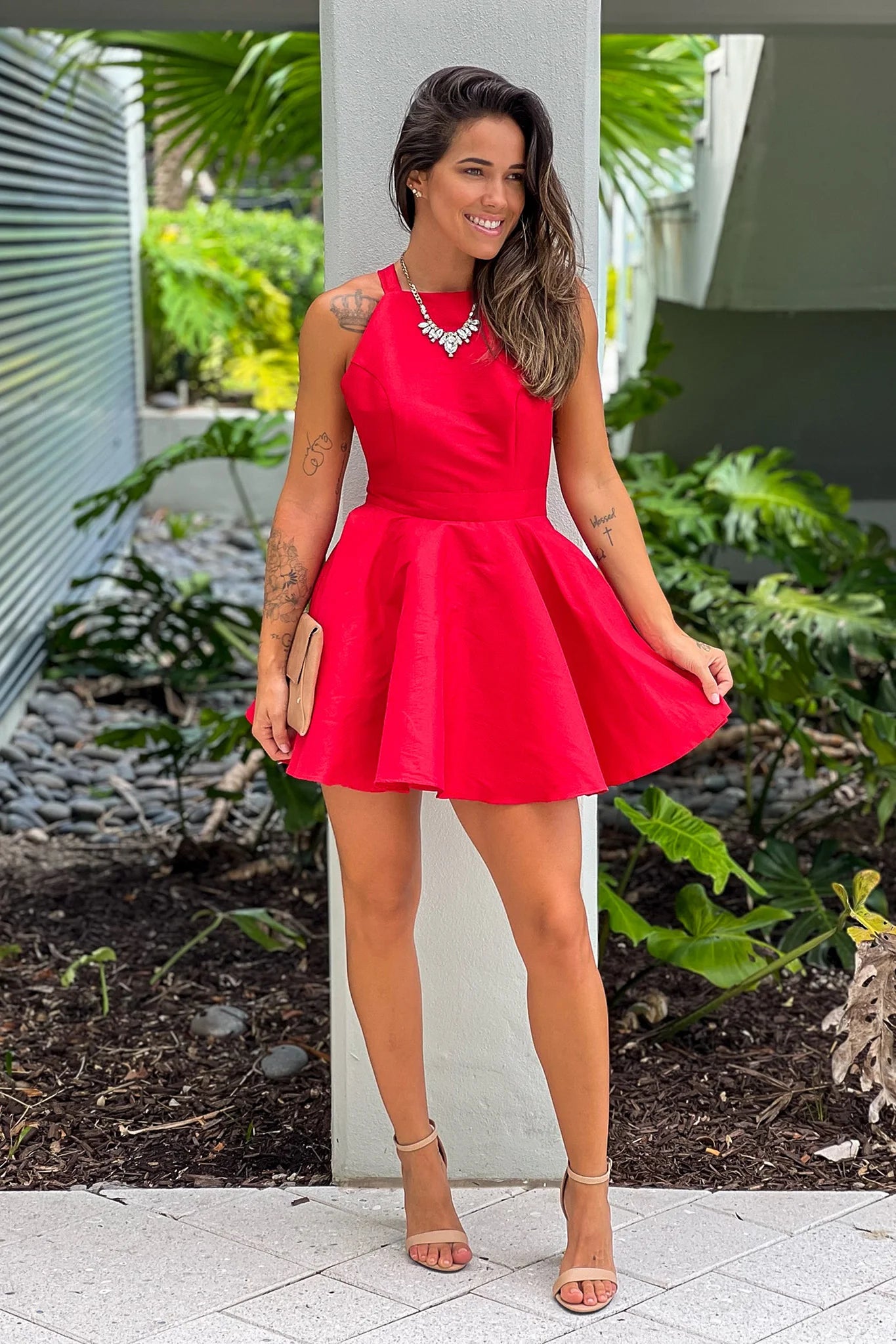 Red Halter Neck Short Dress With Back Bow