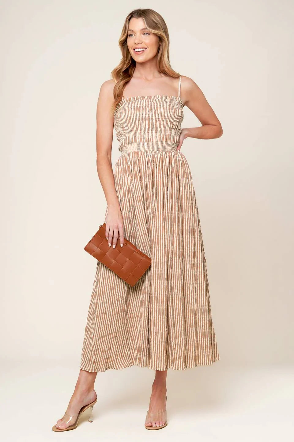 VALHALLA BROWN STRIPED MIDI DRESS