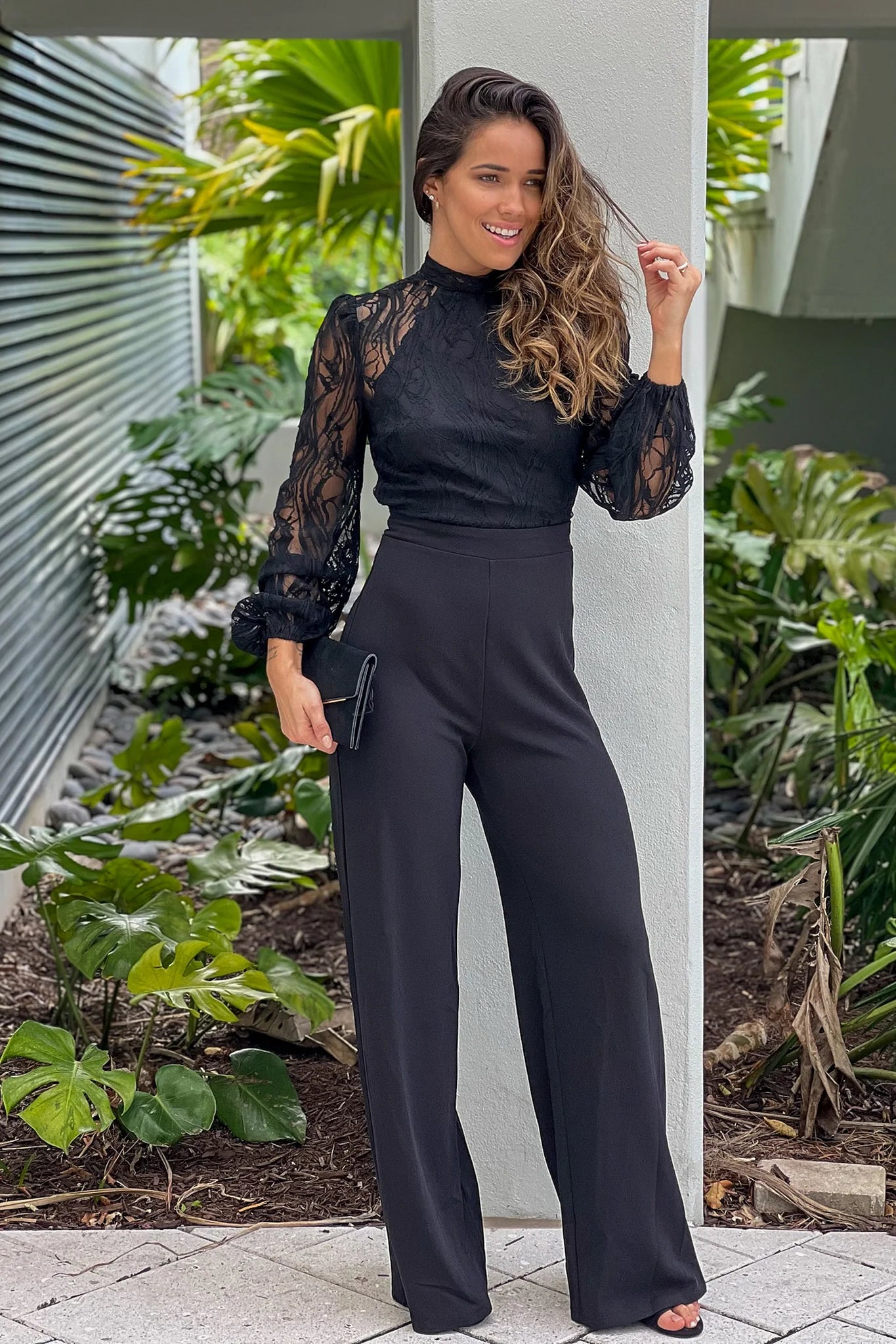 Black Jumpsuit With Lace Top And Open Back