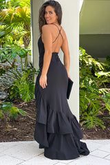 Black Layered Ruffle Train Maxi Dress
