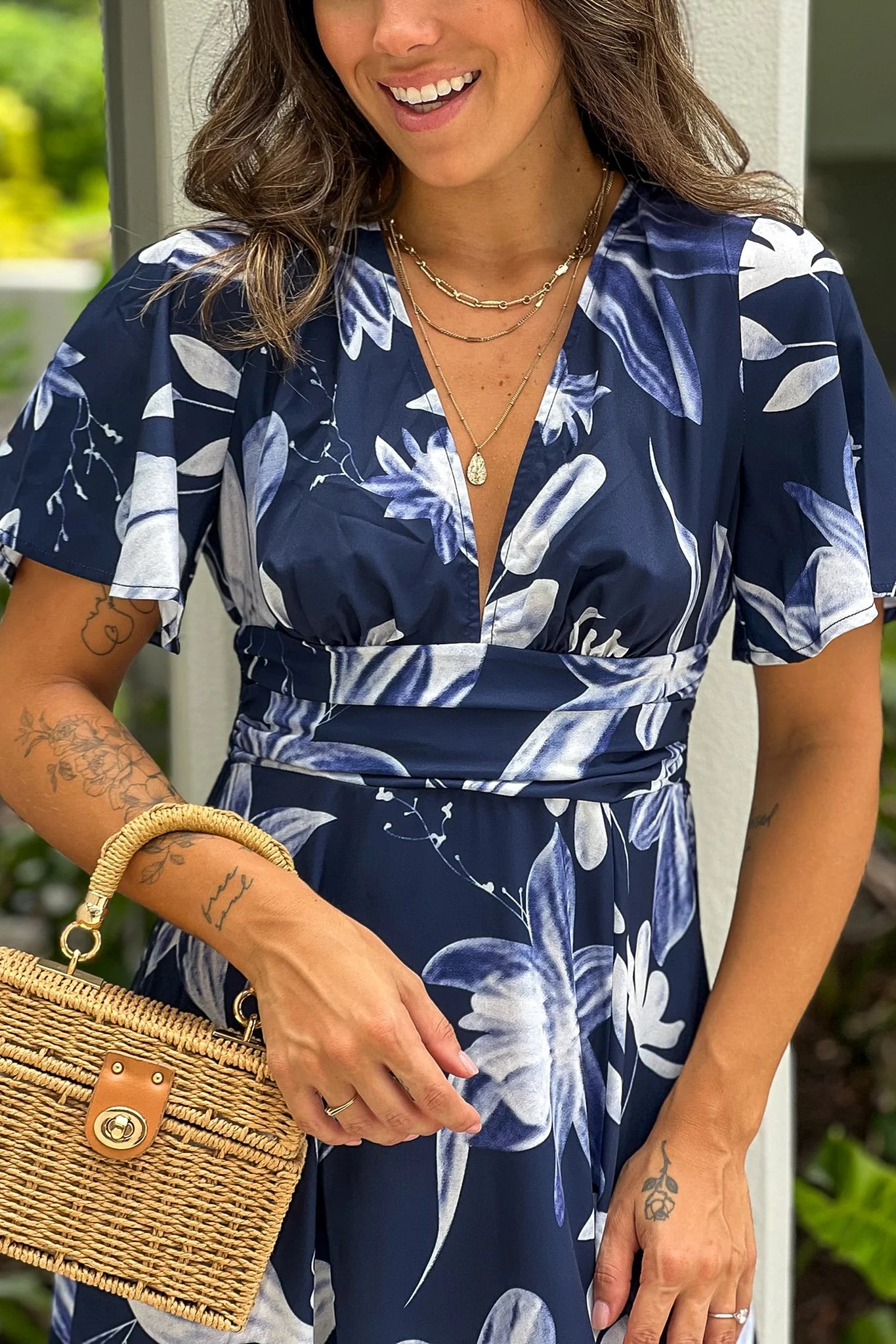 Navy Floral Maxi Dress With Slit