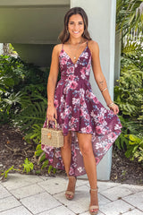 Burgundy Floral High Low Dress With Lace Back